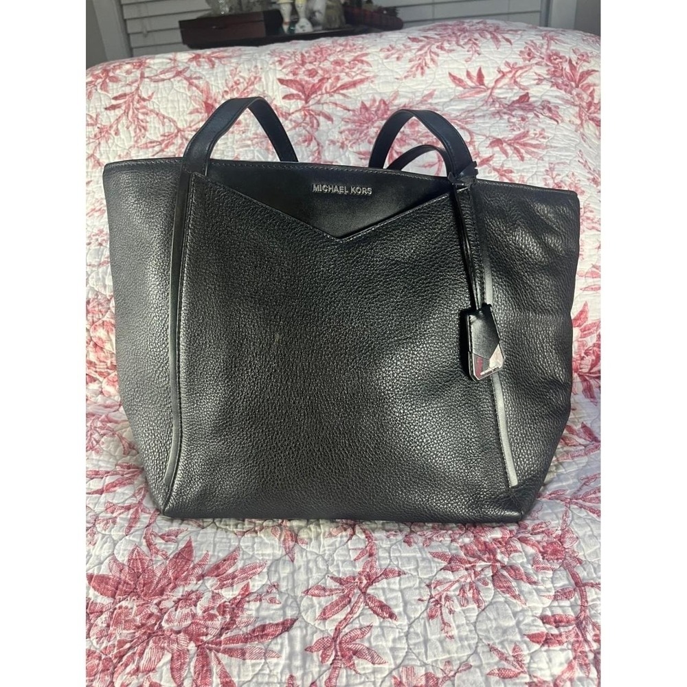 Michael Kors Black Pebbled Leather Large Tote Bag Silver Hardware Shoulder Bag